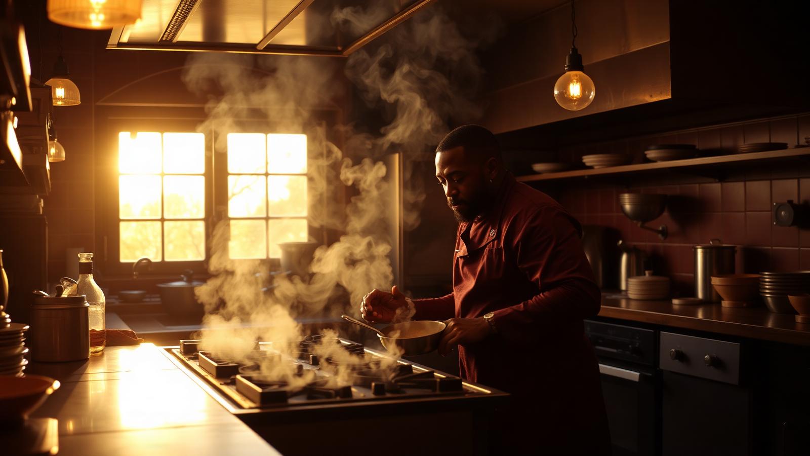 A Black chef teaching around a cast iron stove in a warm restaurant kitchen